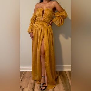 Iris Tan Off Shoulder Puff Sleeve Silk Pleated Maxi Dress